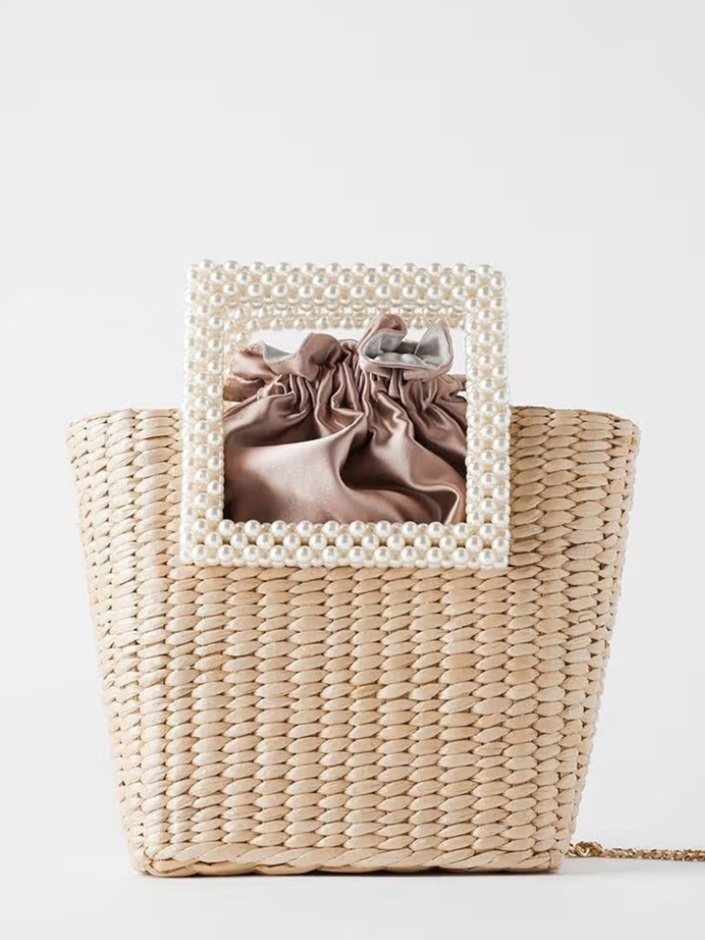 Pearl Handle Woven Straw Tote Bag in Natural and Blush